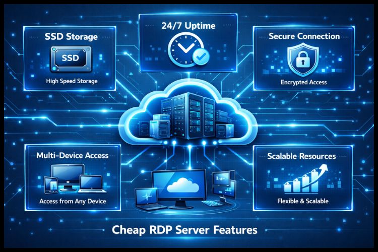Cheap RDP Server Features - SSD Storage, 24/7 Uptime, Secure Connection, Multi-Device Access, Scalable Resources